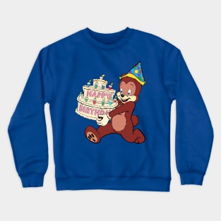 A Happy Bear Wearing A Party Hat and Carrying A HUGE Birthday Cake Crewneck Sweatshirt